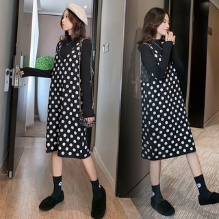 Sét đầm bầu len họa tiết chấm bi thời trang mùa đông 2019 A403