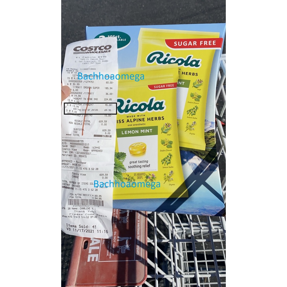 KẸO NGẬM RICOLA SUGAR FREE LEMON MINT 105 VIÊN Kẹo ricola của Mỹ