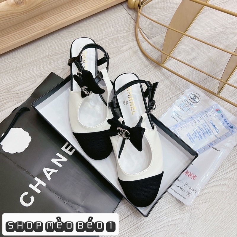Sandal cn mũi đen quai nơ ngang đế bằng fullbox