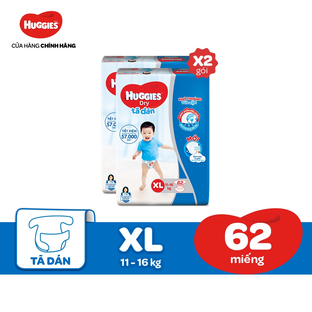 [Mã MKBHUGBU giảm 12% đơn từ 400K] Combo 2 Tã Dán Huggies Dry Super Jumbo M76/L68/XL62/XXL56