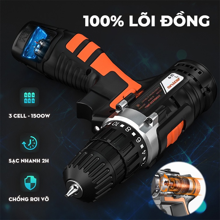 MÁY KHOAN, BẮT VÍT 2 CHIỀU AOTUO DÙNG PIN 12V - TẶNG MŨI KHOAN