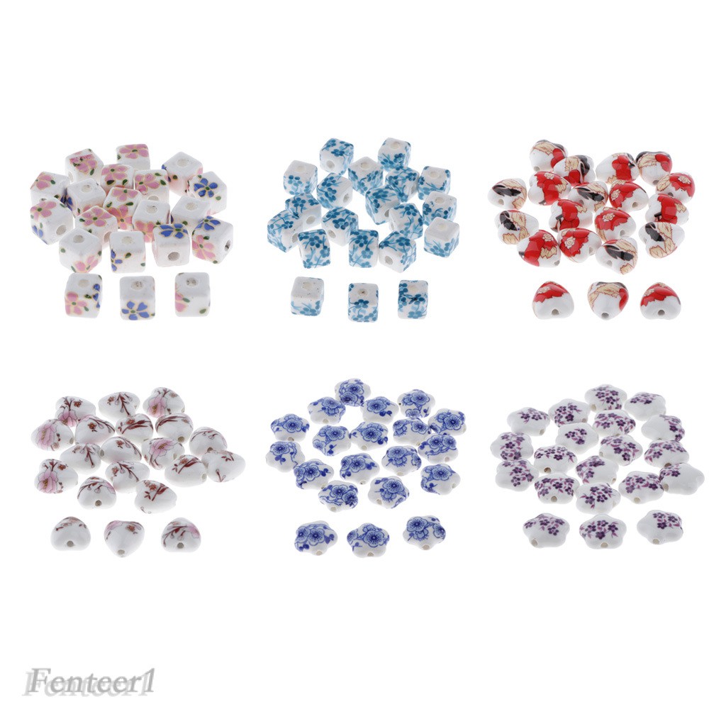 1 [Fenteer1] Set 20 Hạt Xỏ Lỗ Tròn Bằng Sứ Họa Tiết Hoa Tự Làm Trang Sức