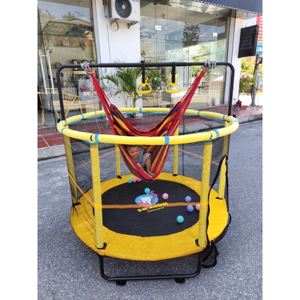 Nhà nhún nhảy Trampoline Hopkids cho bé, quây bóng bạt nhún kèm xà đơn tăng chiều cao đường kính 1,4m tải trọng 250kg