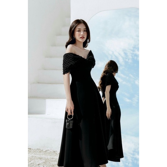 Váy Nữ Trễ Rớt Vai Nhíu Ngực Dáng Xoè Dài Chất Tuyết Thái Phối Voan Bi Size S M L V248 Màu Trắng Đen AĐ BOUTIQUE