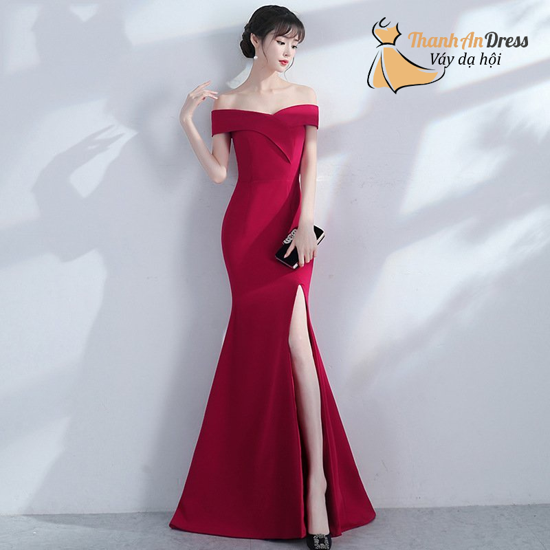 Đầm body dạ hội chất thun xẻ đùi thiết kế trễ vai