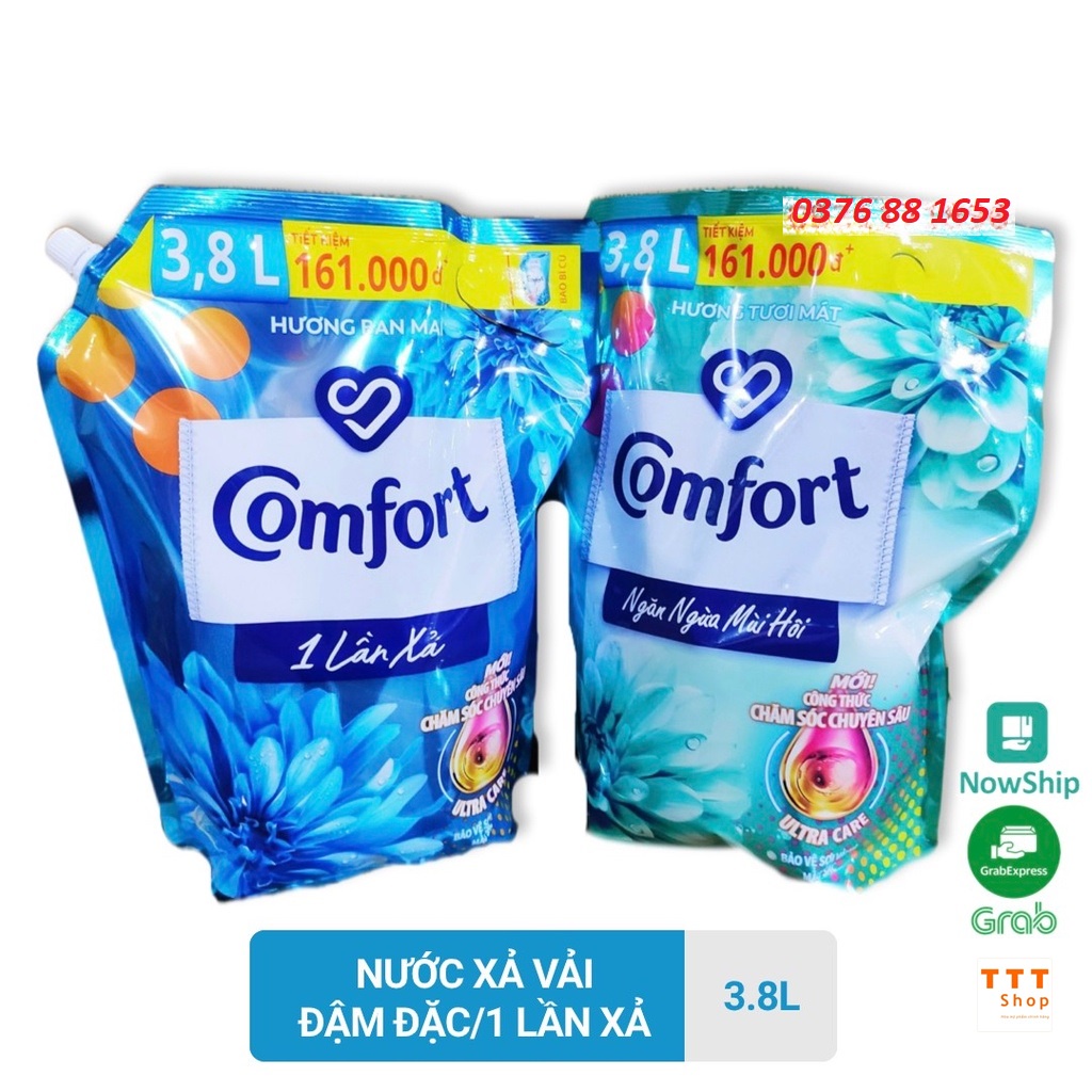 COMFORT Nước Xả Vải Làm mềm vải 3.8 lít 3.8l Hương Ban Mai Ngăn Ngừa Mùi Hôi 1 Lần Xả Túi Có Vòi Lớn