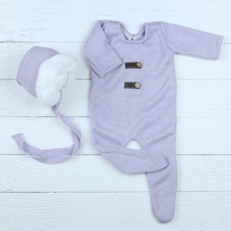 Bộ 2 Món Áo Liền Quần Dệt Kim + Mũ Beanie Dễ Thương Làm Phụ Kiện Chụp Ảnh Cho Bé Sơ Sinh