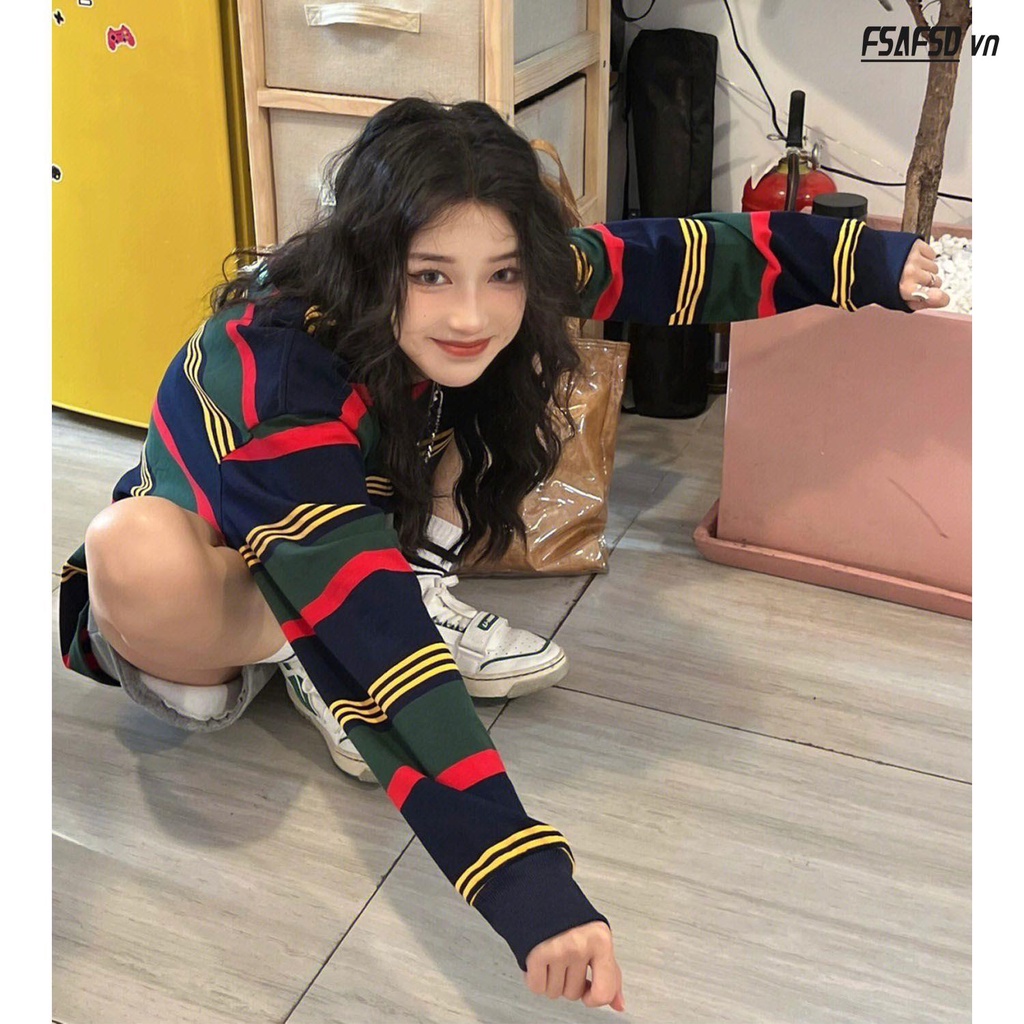 Áo Thun Tay Dài Dáng Rộng Họa Tiết Kẻ Sọc Phong Cách Retro Mỹ Thời Trang Cho Nữ