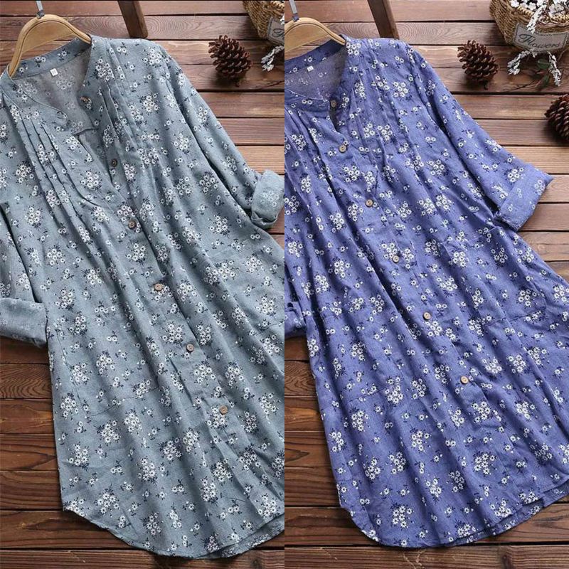 Đầm Sơ Mi Mini Tay Dài Xếp Ly In Họa Tiết Hoa Thanh Lịch Cho Nữ