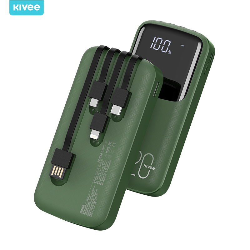 Pin dự phòng KIVEE 10000mAh 20000mAh sạc nhanh 2a đi kèm với ba cáp sạc và màn hình kỹ thuật số LED