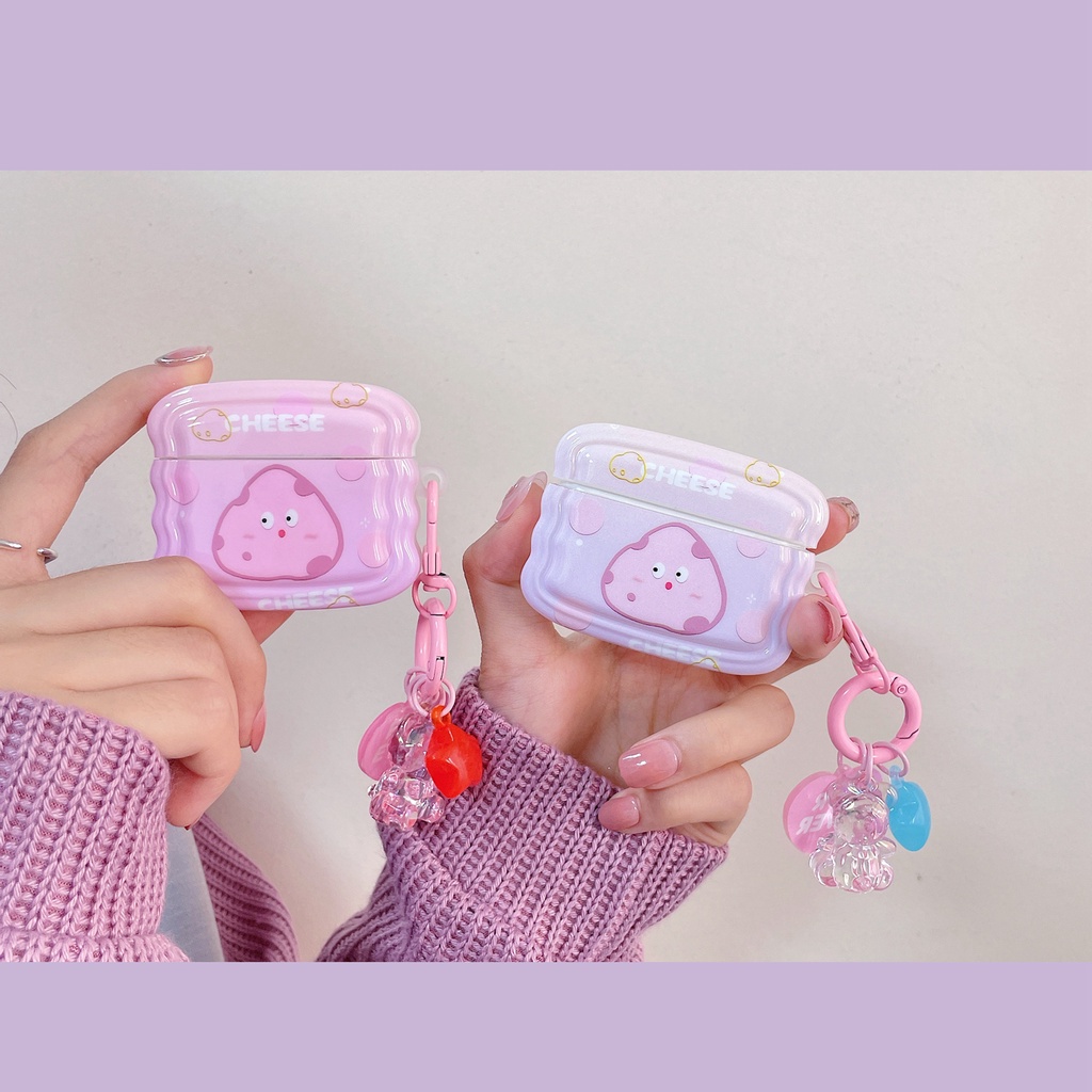 Vỏ Bảo Vệ Hộp Sạc Tai Nghe Bluetooth airpods 1 2 3 pro Bằng tpu Mềm Hình Phô Mai Màu Hồng Imd Có Dây Đeo