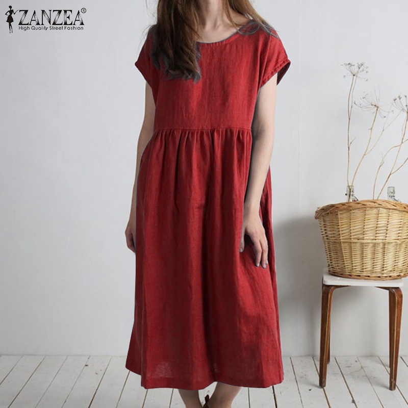 Đầm Dài Tay Ngắn Màu Trơn Có Túi Thời Trang Cho Nữ ZANZEA