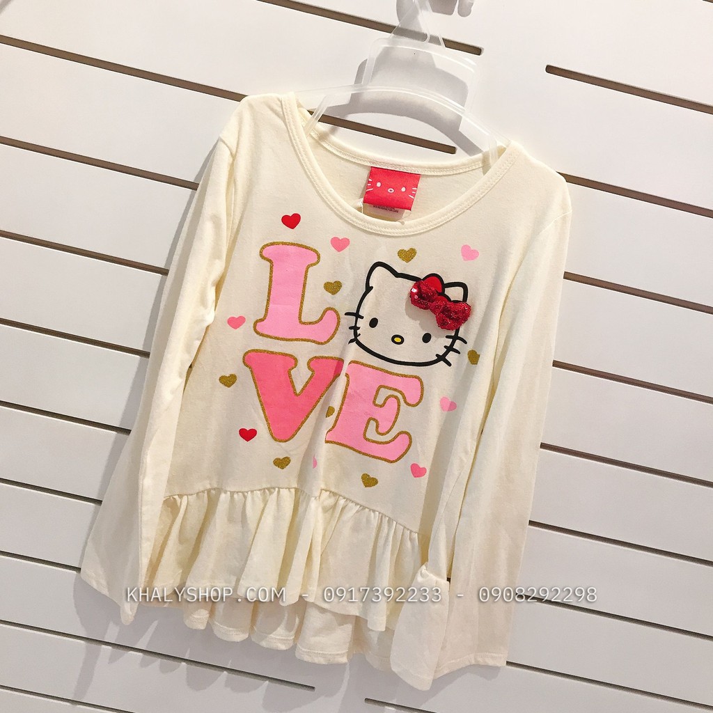 Áo tay dài trẻ em hình mèo Hello Kitty Love màu trắng kem phối bèo size S (6X) cho bé gái 6 tuổi (Mỹ US-UK) - ATTDKT04
