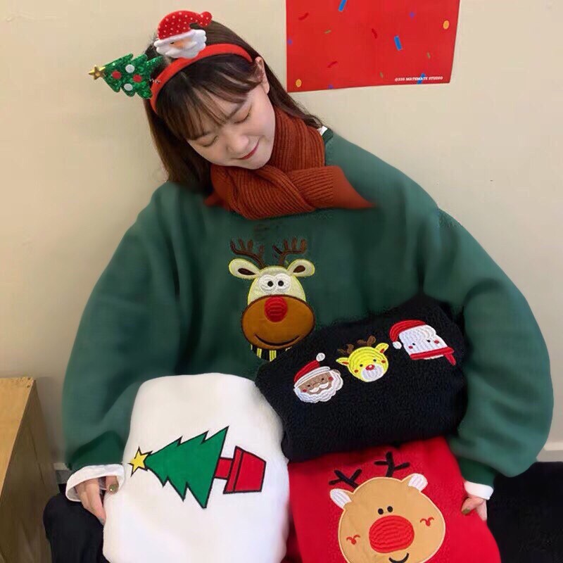 [Rẻ Vô Địch]Áo Sweater Nỉ Noel Thêu Hình Lớn Christmas Họa Tiết Dáng Rộng 2 Màu 🦋