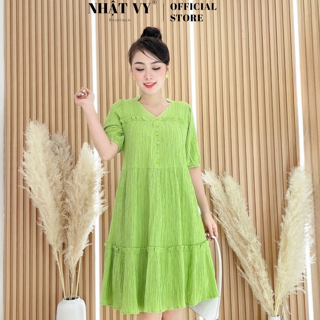 Váy Suông NHẬT VY Cổ Tim Tay Lửng Phối Cúc Chất Xốp Thun Nhún Màu Hồng, Trắng, X Biển, X Bơ, Nude, Đen,Trắng - D2430