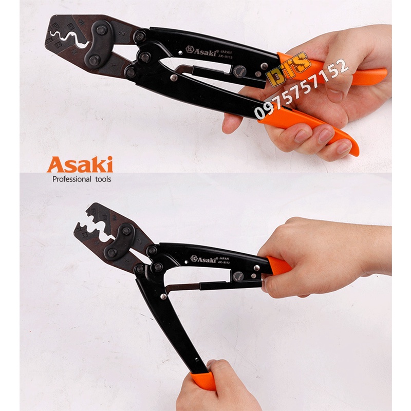 Kìm bấm cos trợ lực hãng Asaki JAPAN, kìm bấm đầu cos tròn cộng lực siêu khoẻ, siêu bền, độ chính xác cao (Kềm bấm cốt)