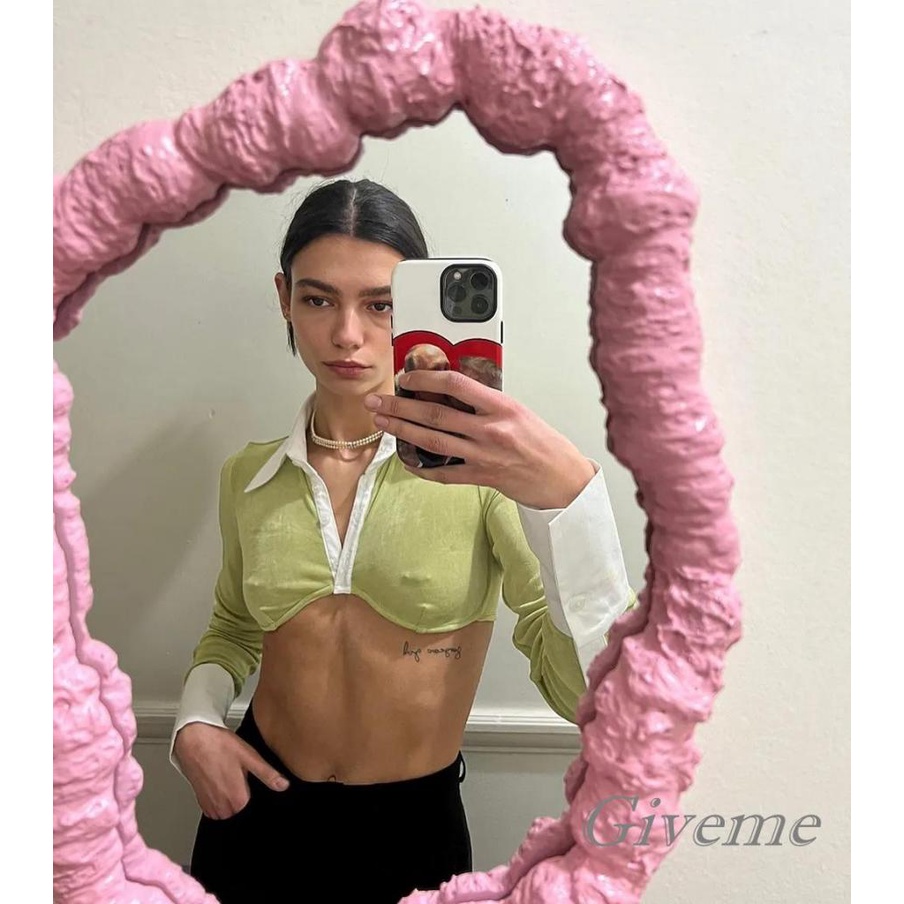 Áo Sơ Mi Croptop Tay Dài Cổ Bẻ Dáng Ôm Màu Tương Phản Thời Trang Cho Nữ