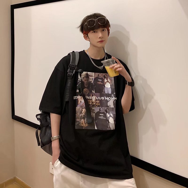 Áo Thun Dáng Rộng In Chữ Phong Cách Nhật Hàn Thời Trang Mùa Hè Cho Nam Cỡ M-8XL