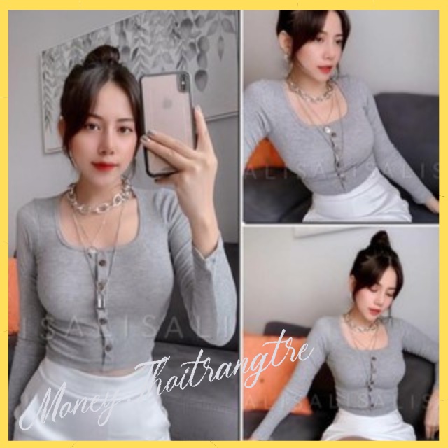 Áo Croptop CRT Nữ Thun Gân Cổ Vuông Chữ U Dài Tay Kiểu Phối Khuy Nút Ôm Body Xám Đen Trắng Tay Dài Mềm Mịn Sexy Quyến Rũ