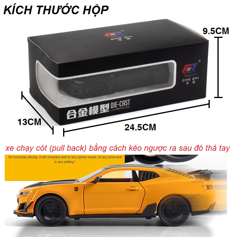 Xe mô hình ô tô đồ chơi trẻ em Chevrolet Camaro tỉ lệ 1:24 bằng kim loại xe có âm thanh và đèn mở được cử