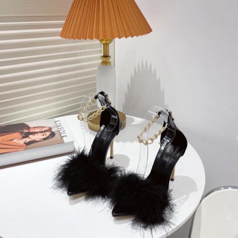 Sandal Cao Gót Nhọn 11 Phân Quai Dây Xích Phối Lông