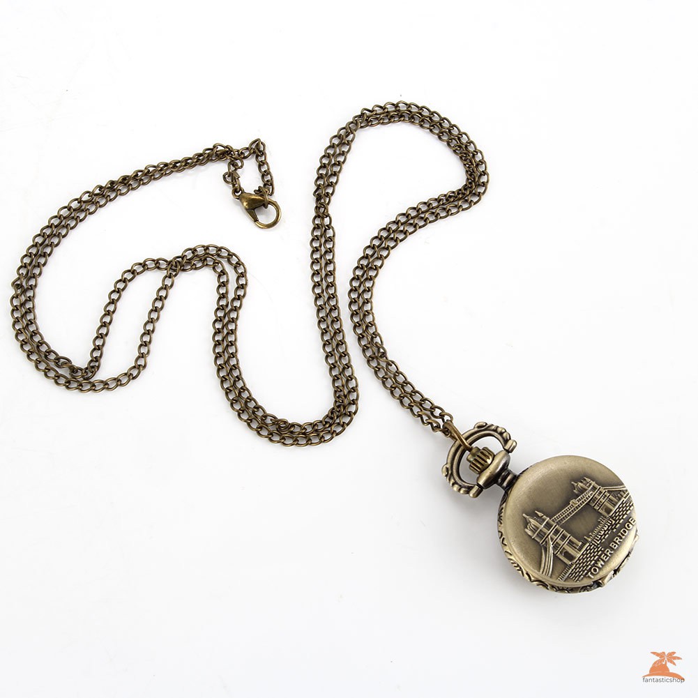 #Đồng hồ bỏ túi# Vintage Bridge Carved Round Quartz Fob Pocket Watch with Sweater Chain Necklace Gifts