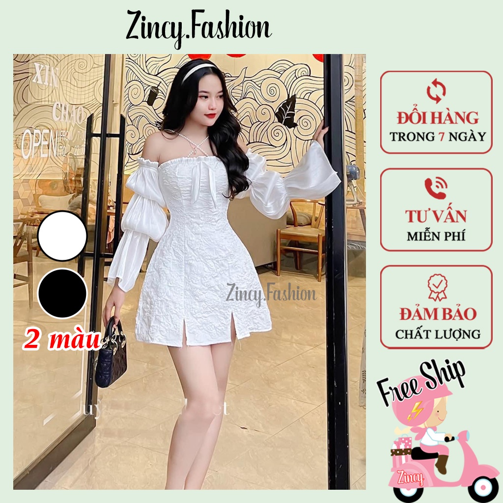 Đầm dự tiệc 2 dây ngọc chéo phối tay loe dáng ngắn chất gấm xốp Váy trễ vai cúp ngực đi tiệc cao cấp GXRTDN01