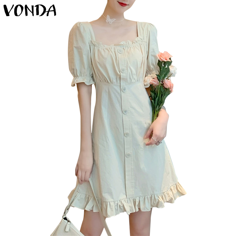 VONDA Women Korean Short Sleeve Square Collar Button Down Holiday Pleated Ruffled Mini Dresses