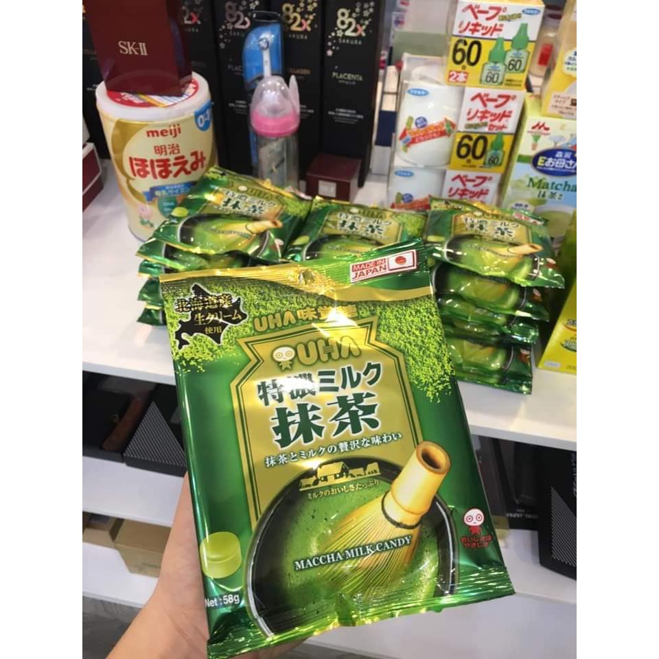 Kẹo trà xanh Uha Nhât Bản gói 58g date 3/2023