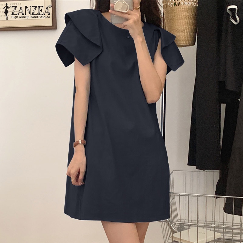 Đầm ZANZEA dáng chữ A ngắn tay cổ tròn dáng rộng thời trang