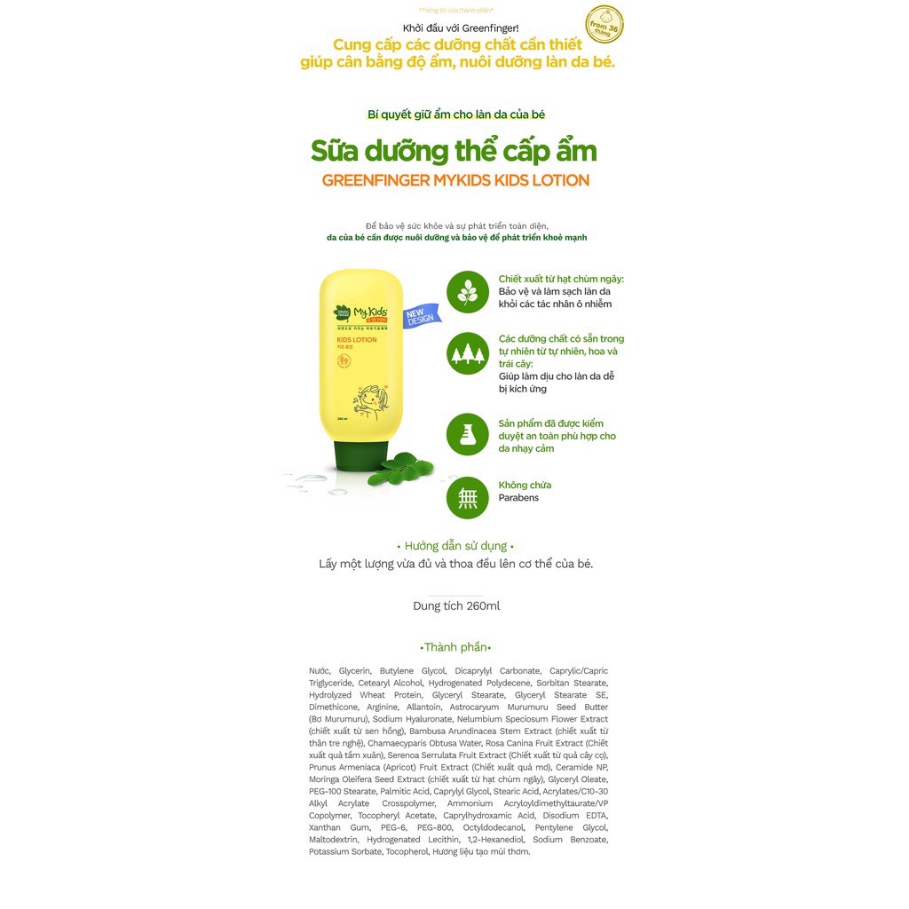 Sữa Dưỡng Thể Dưỡng Ẩm Da Cho Bé Từ 3 Tuổi Greenfinger MyKids Lotion 260ml