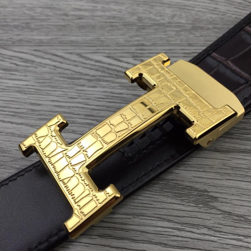 Dây nịt nam da cá sấu mặt chữ H classic gold TLH13