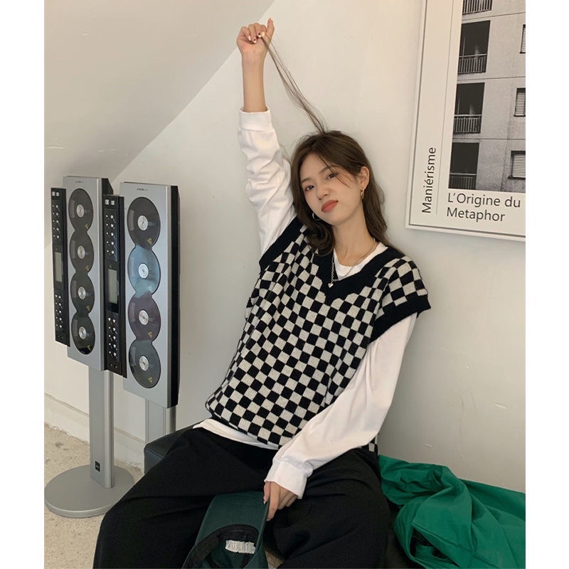 Áo gile len nữ cổ V họa tiết kẻ sọc caro phong cách Hàn Quốc GL5 | BigBuy360 - bigbuy360.vn