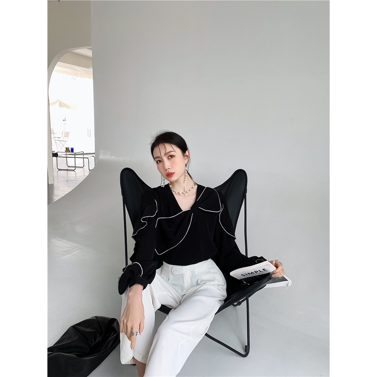 Áo sơ mi công sở nữ sang chảnh đẹp kiểu Hàn Quốc tay dài bánh bèo tiểu thư form rộng tay dài cao cấp Quảng Châu DK10T203