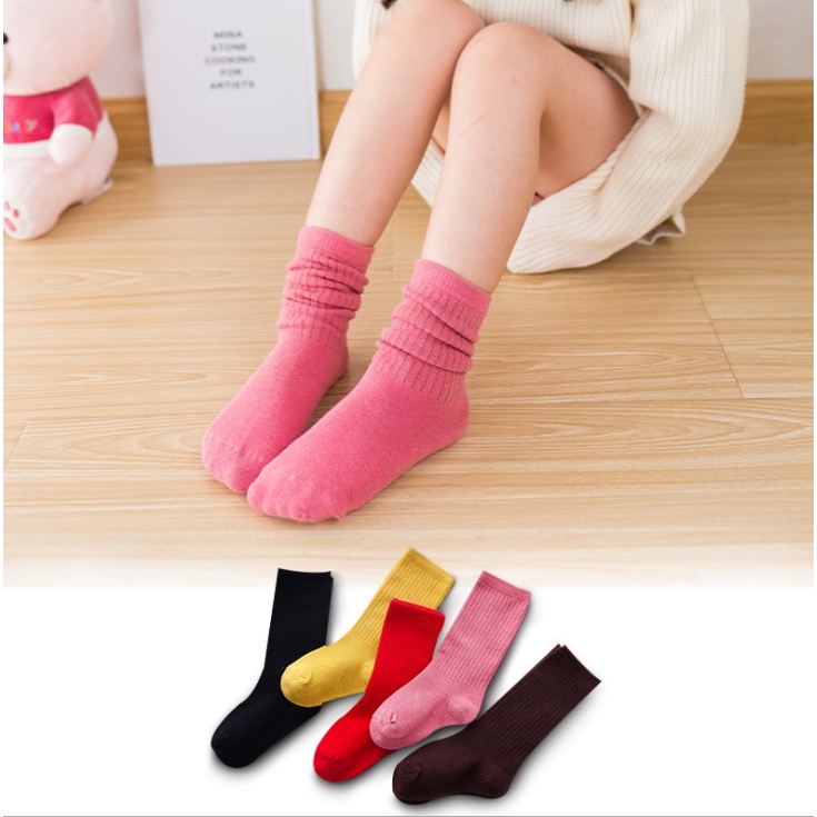 Lố 4 đôi tất màu trơn cao cổ cho bé- Vớ gân trơn cotton trẻ em