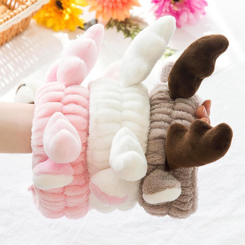 băng đô rửa mặt tẩy trang tai thỏ tuần lộc dễ thương - chất liệu bông nhung co giãn dễ chịu