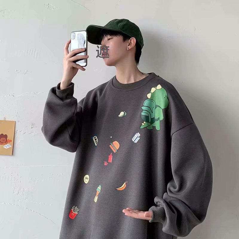 Áo sweatshirt mặc chui đầu dáng rộng size lớn M-5XL họa tiết khủng long hoạt hình phong cách Nhật Bản đi học thời trang