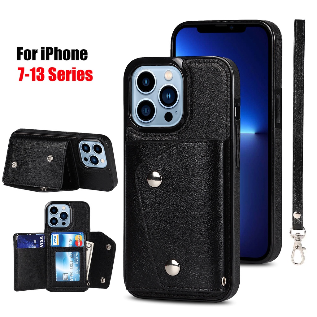 Bao Da Điện Thoại Nắp Lật Kèm Ngăn Đựng Thẻ Và Dây Đeo Cho IPhone 13 12 Mini 14 11 X XR XS Pro Max 7 8 Plus