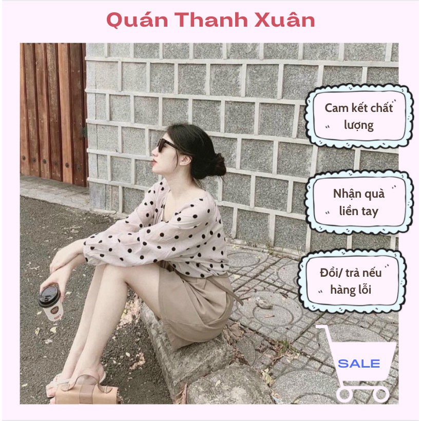 Set áo sơ mi chấm bi kèm quần hàn quốc chất tơ xước