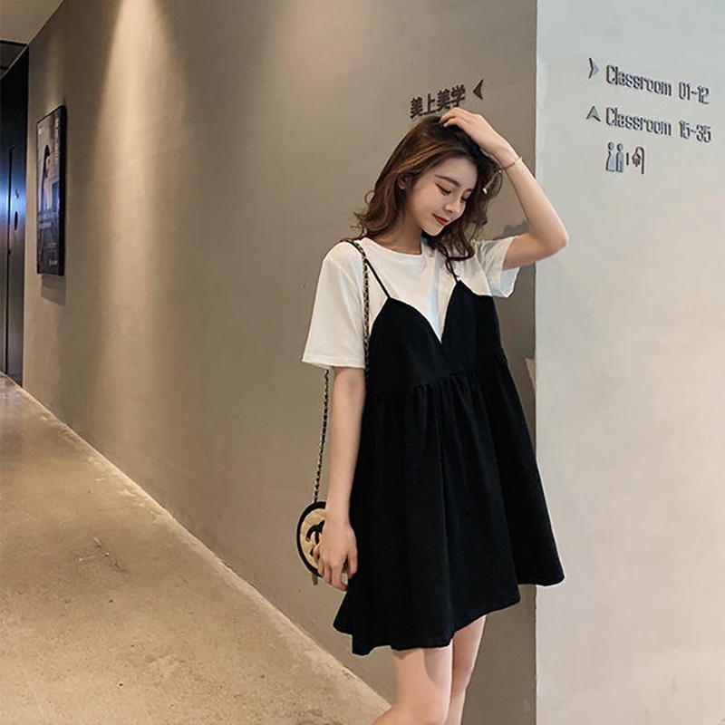 IELGY Đầm Giả Hai Lớp Tay Ngắn Dáng Rộng Thời Trang Mùa Hè