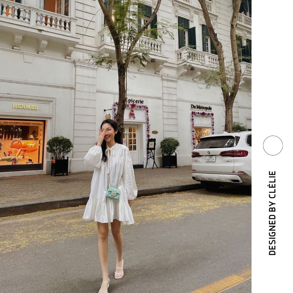Đầm babydoll tay dài nhún rộng váy xòe họa tiết trơn | TRAZEPE WHITE DRESS - CLÉLIE