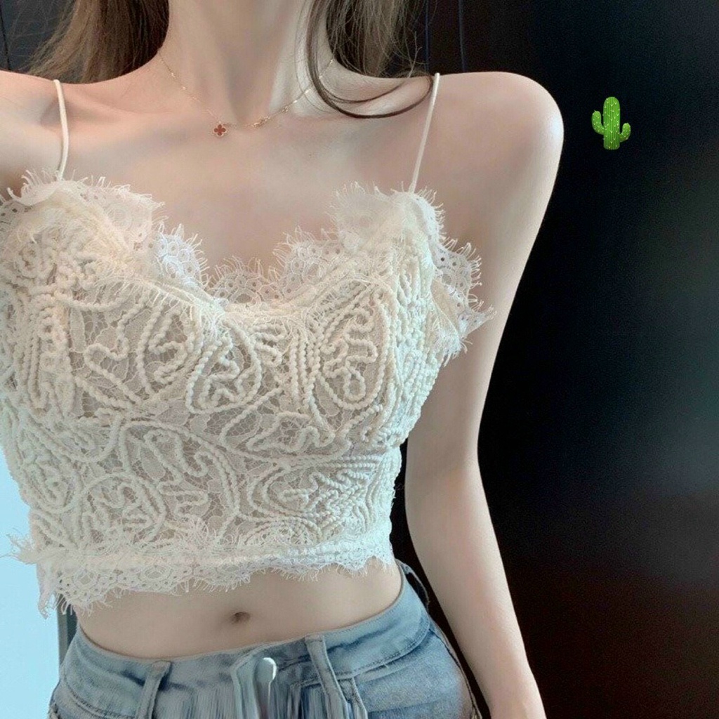 Áo 2 dây viền ren croptop quảng châu cực xinh , chất ren mềm kèm mút ngực
