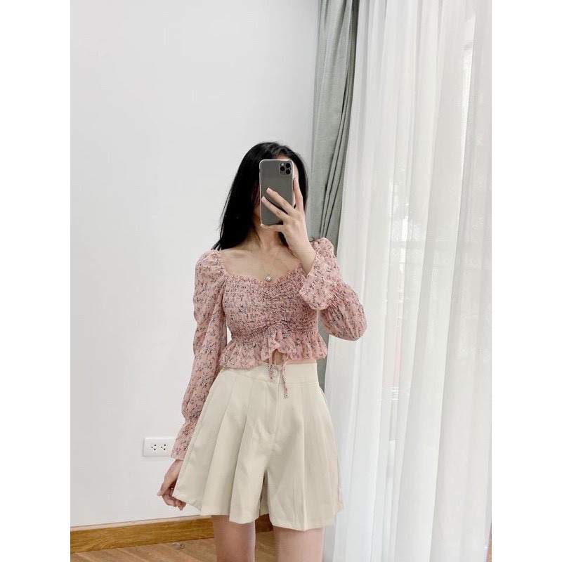 Áo croptop hoa nhí vintage chun bồng tay dài trễ Vai Thời Trang loại 1