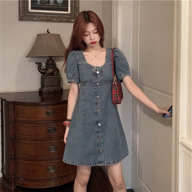 Đầm Denim Tay Phồng Dáng Chữ A Thời Trang Mùa Hè Pháp Thanh Lịch