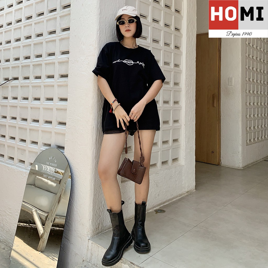 Áo thun 100% cotton co giãn 4 chiều in hình môi cách điệu - màu đen Homi Fashion