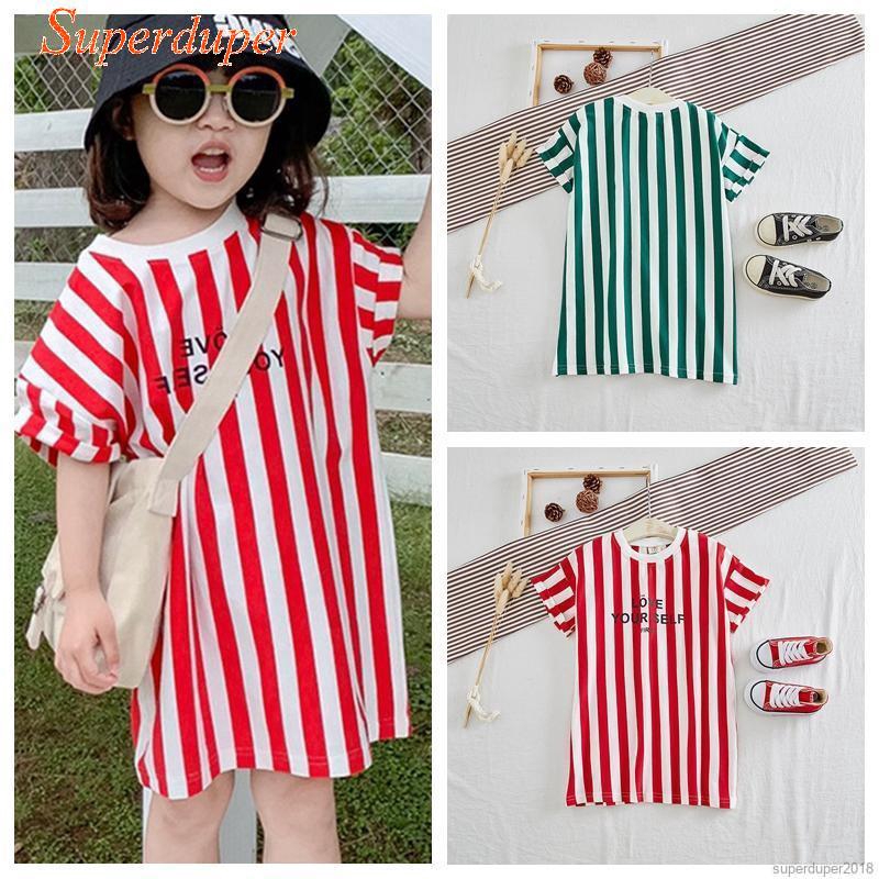 Summer Casual Baby Girls Striped Printing Short Sleeve Shirt Dress