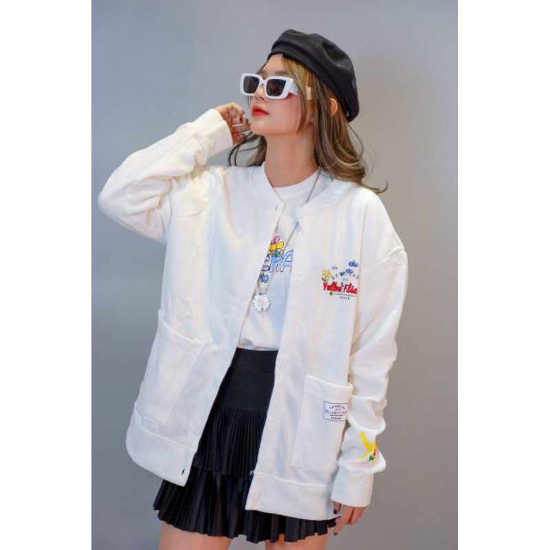 Áo sweater kiểu cardigan nữ form rộng gài nút chất liệu nỉ chống lạnh hay chống nắng in hoạ tiết