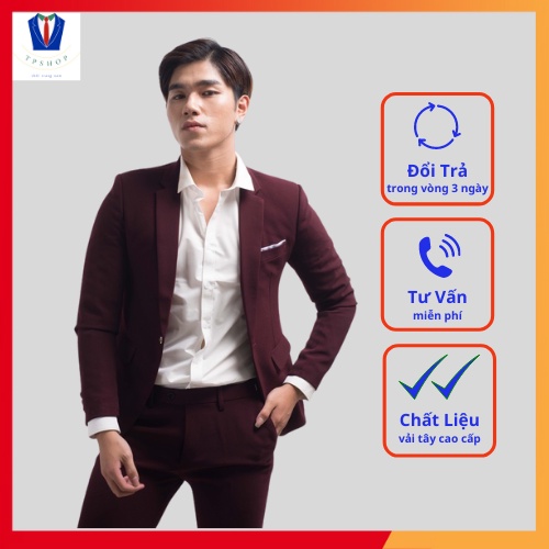 Bộ vest nam màu đỏ form hàn 1 khuy full size [Áo vest + Quần]