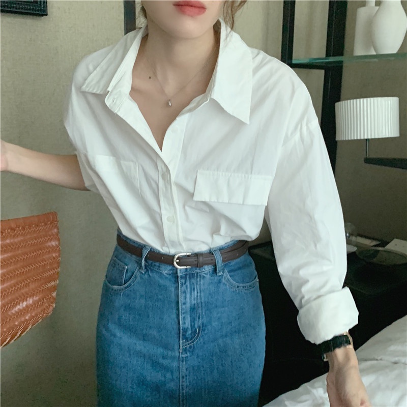 Áo Polo Dáng Rộng Tay Dài Có Túi Màu Trơn Thời Trang Dành Cho Nữ 49173