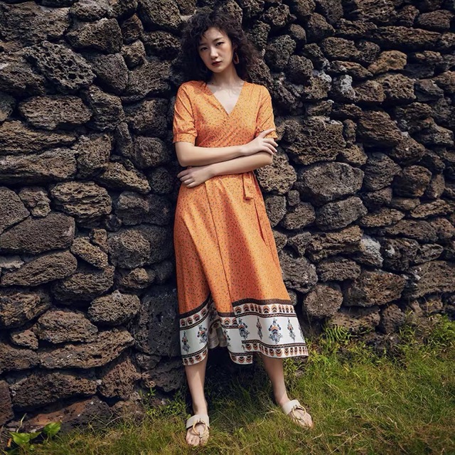 (sẵn M) Váy đầm boho maxi xẻ tà đắp chéo cổ V thắt eo thổ cẩm dáng dài bohemians đi du lịch